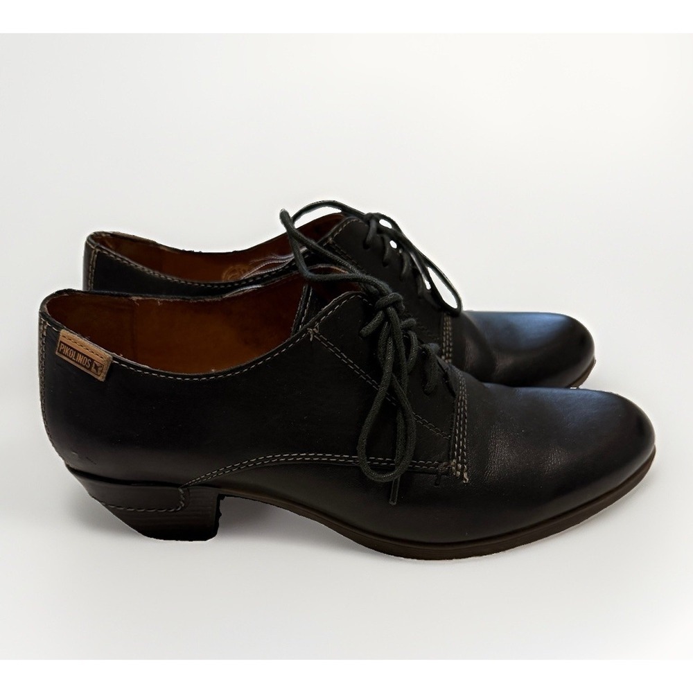 Pikolinos Black Leather Oxford Heels Minimalist Lace-Up Shoes Size 39 (8.5)
